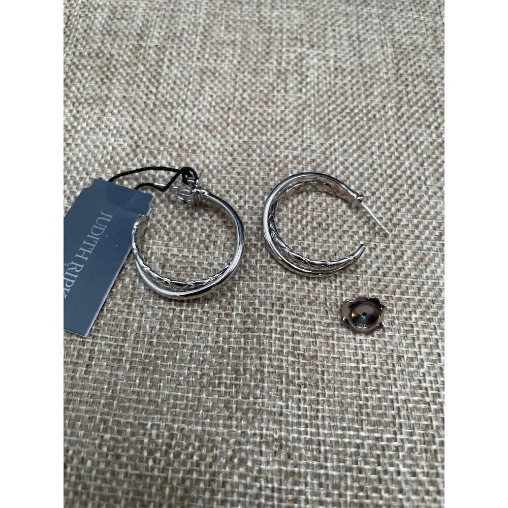New Judith Ripka Sterling Silver Twisted Hoop Earrings Secure Lock Back Gift